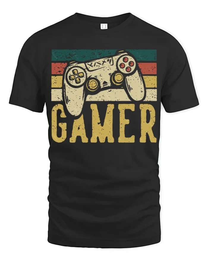 Vintage Retro Gamer Controller Graphic Print Cotton T-Shirt - black t-shirt on white background