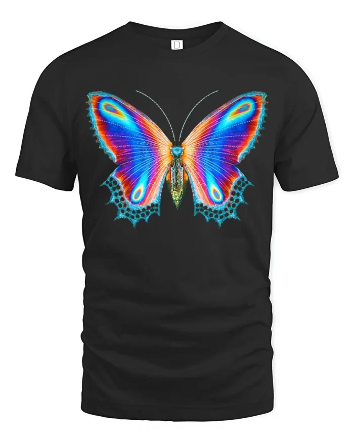 Vibrant Rainbow Butterfly Artistic Graphic Cotton T-Shirt - black t-shirt on white background
