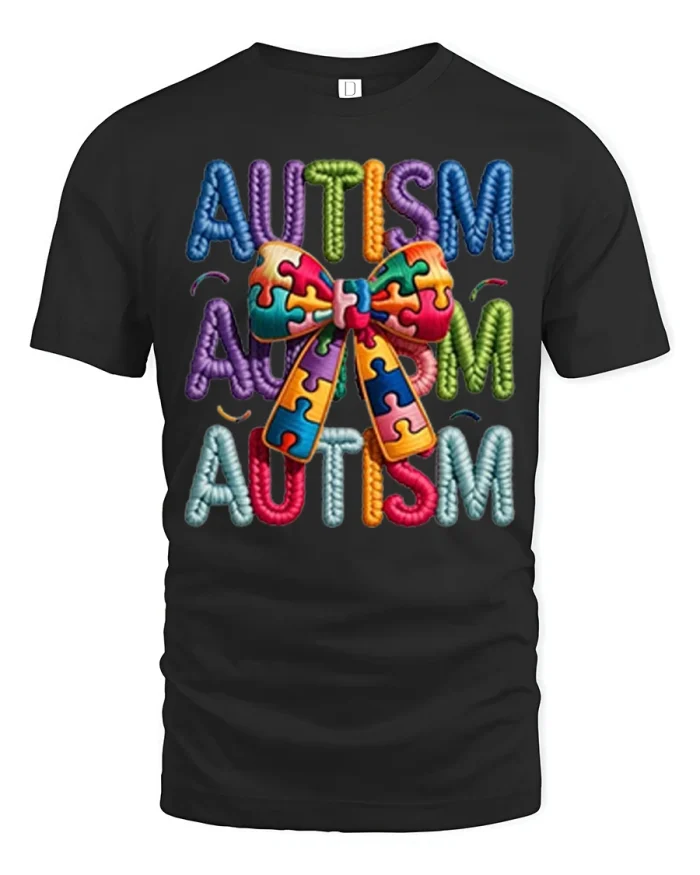 Vibrant Autism Awareness Bow Puzzle Piece Cotton T-Shirt - black t-shirt on white background