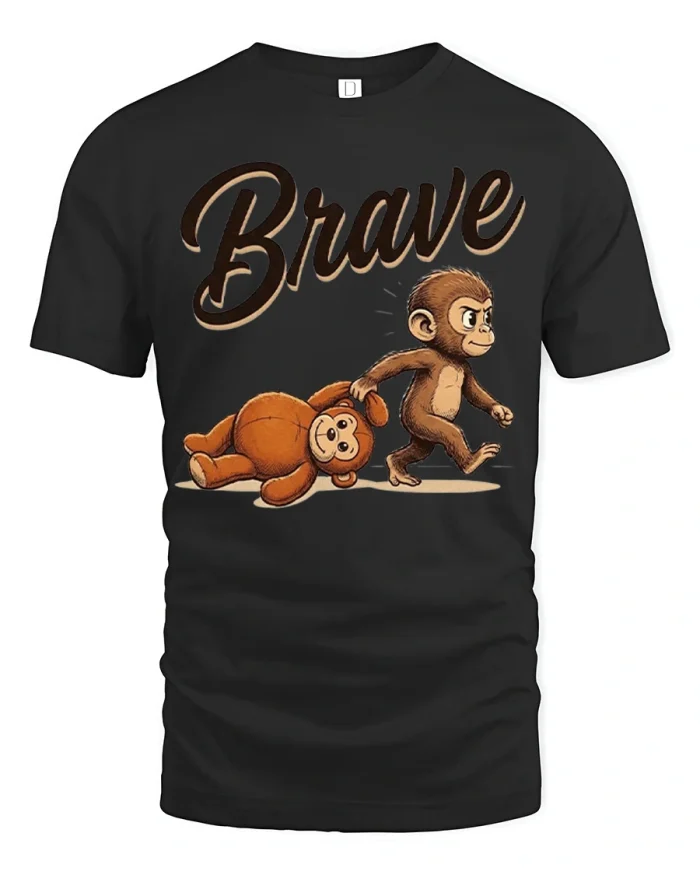 Brave Monkey With Teddy Bear Illustration Cotton T-Shirt - black t-shirt on white background