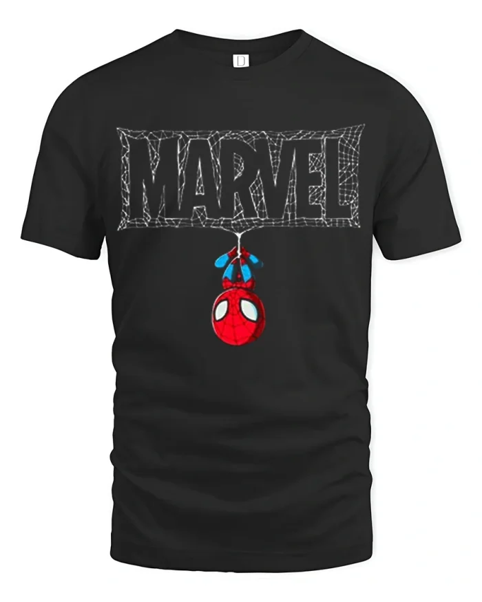 Chibi Spiderman Marvel Hanging Web Graphic Cotton T-Shirt - black t-shirt on white background