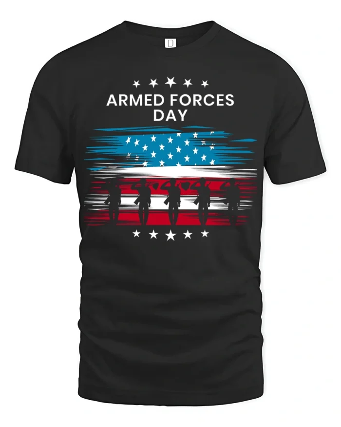 Patriotic Armed Forces Day USA Flag Saluting Soldiers T-Shirt - black t-shirt on white background