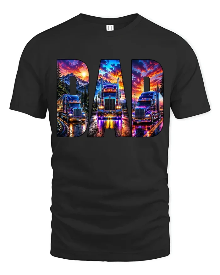 Vibrant DAD Trucker Scenic Sunset Road Graphic Cotton T-Shirt - black t-shirt on white background