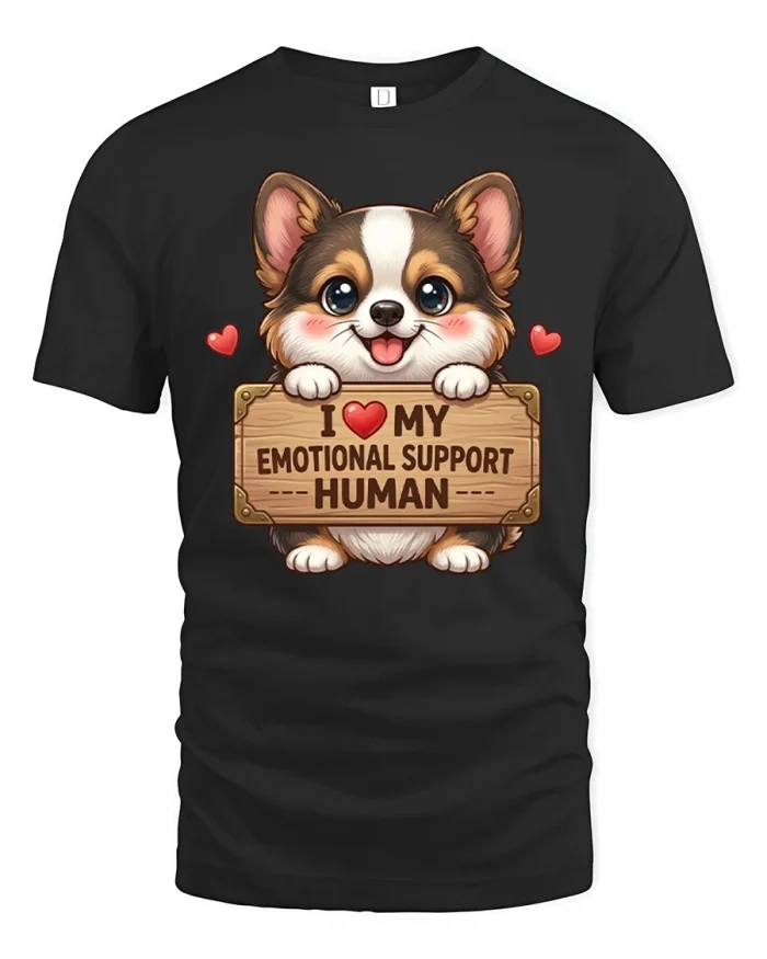 Cute Corgi I Love My Emotional Support Human Graphic T-Shirt - black t-shirt on white background