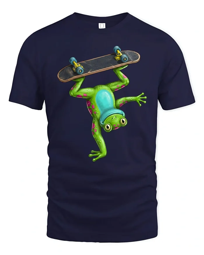 Funny Skater Frog Doing Handstand On Skateboard Graphic Tshirt - navy t-shirt on white background
