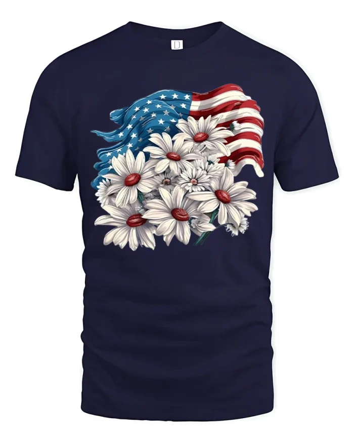 Beautiful American Flag With White Daisies Graphic T-Shirt - navy t-shirt on white background