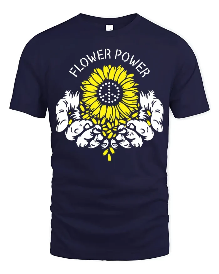 Groovy Flower Power Sunflower Peace Sign Graphic T-Shirt - navy t-shirt on white background