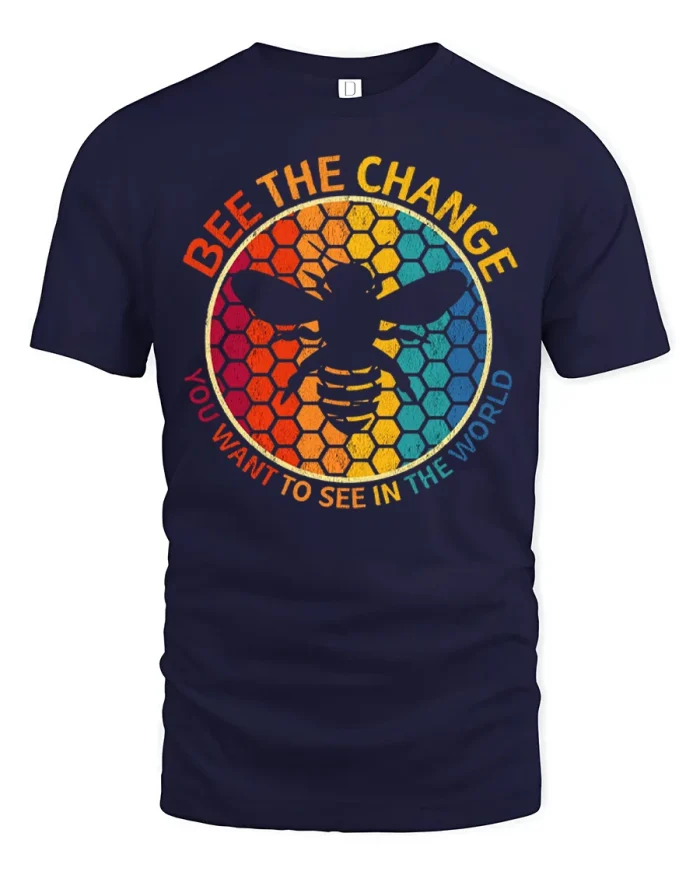Vintage Bee The Change Inspirational Graphic Cotton T-Shirt - navy t-shirt on white background