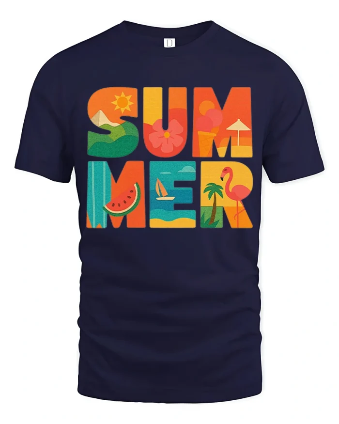 Vibrant Summer Vibe Tropical Graphic Cotton T-Shirt - navy t-shirt on white background