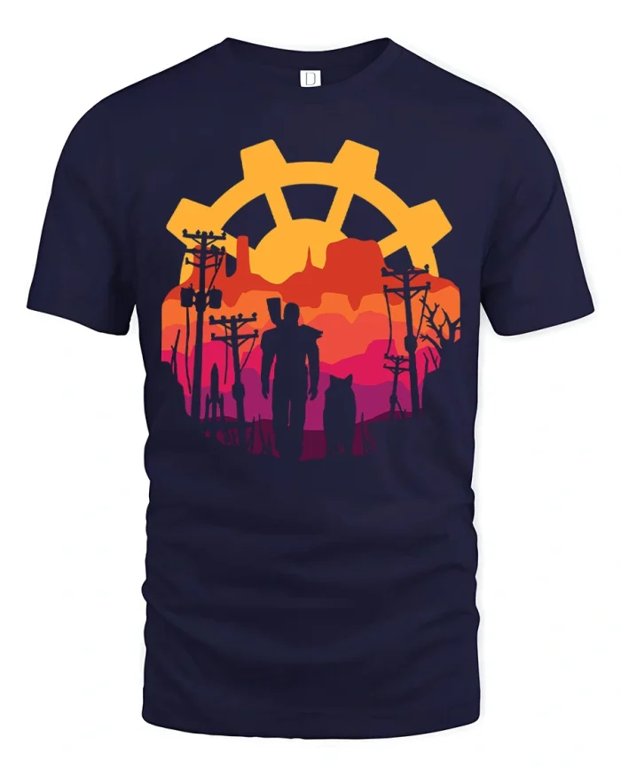 Post Apocalyptic Wasteland Wanderer Sunset Graphic T-Shirt - navy t-shirt on white background