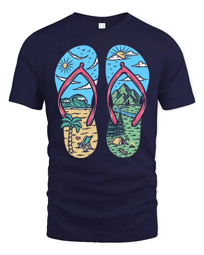 Vibrant Beach And Mountain Flip Flops Graphic Cotton T-Shirt - navy t-shirt on white background