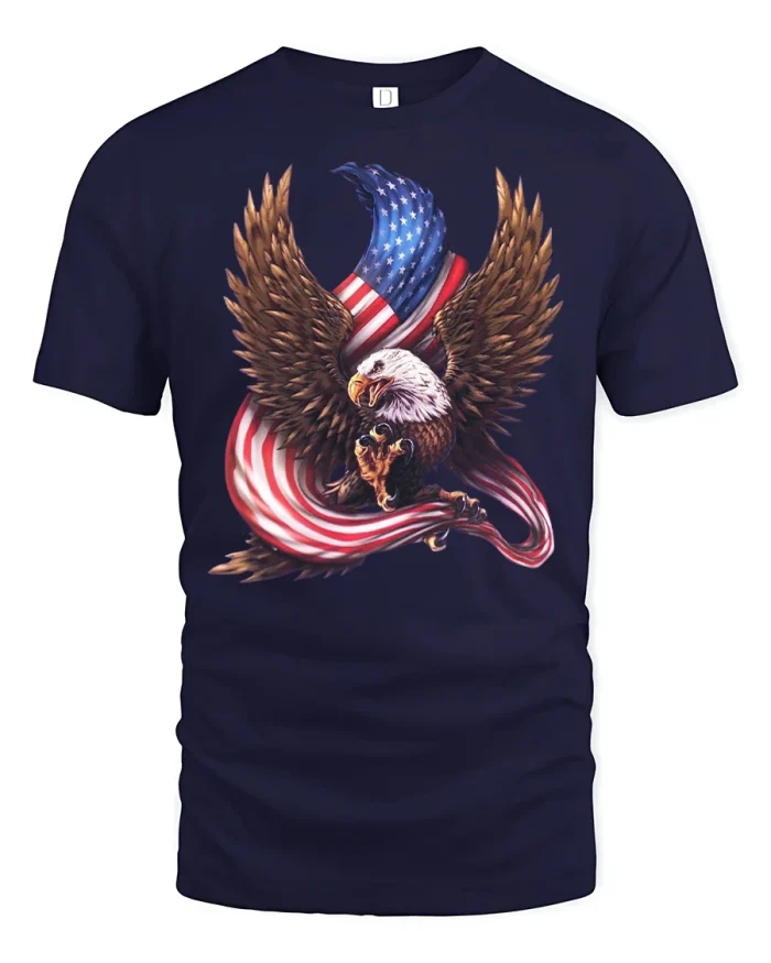 Proud American Bald Eagle And Flag Graphic Cotton T-Shirt - navy t-shirt on white background