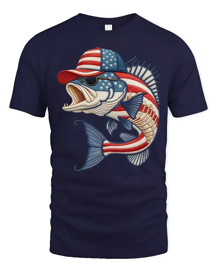 Patriotic American Flag Bass Fishing Graphic Cotton T-Shirt - navy t-shirt on white background