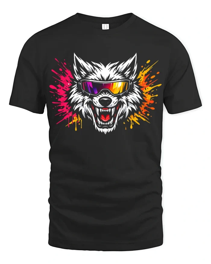 Retro Cool Wolf Sunglasses Graphic T Shirt Wild Beast Spirit Tee - black t-shirt on white background