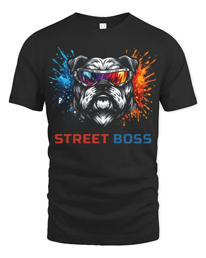 Street Boss Bulldog Sunglasses Graphic T Shirt Urban Style Tee - black t-shirt on white background