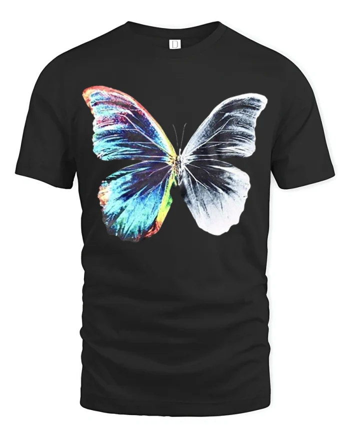 Dreamy Color Splash Butterfly Graphic T Shirt Artistic Nature Tee - black t-shirt on white background
