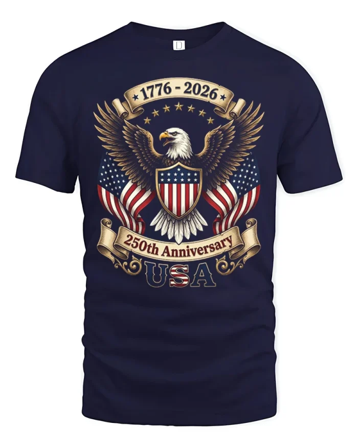 USA 250th Anniversary Eagle Shield Patriotic T Shirt Heritage Pride - navy t-shirt on white background
