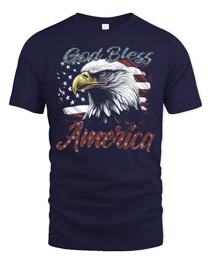 God Bless America Eagle Patriotic Graphic T Shirt Vintage Style - navy t-shirt on white background