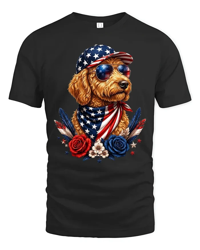 Patriotic Dog American Flag Graphic T Shirt USA Pride Tee - black t-shirt on white background