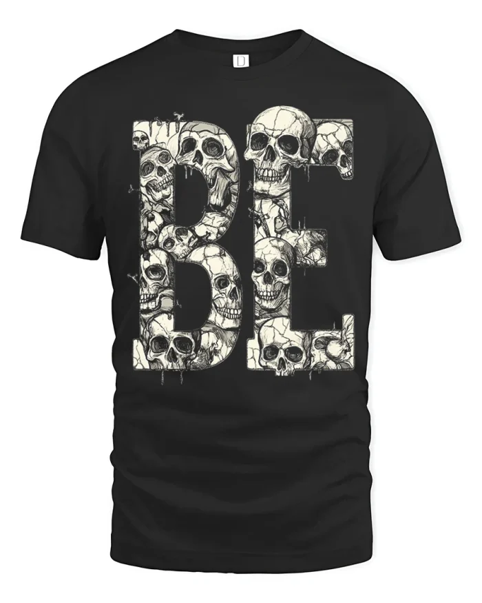 Skull Letter BE Graphic T Shirt Gothic Skeleton Art Design - black t-shirt on white background