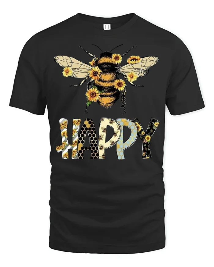 Happy Bee Sunflower Graphic T Shirt Cute Floral Nature Design - black t-shirt on white background
