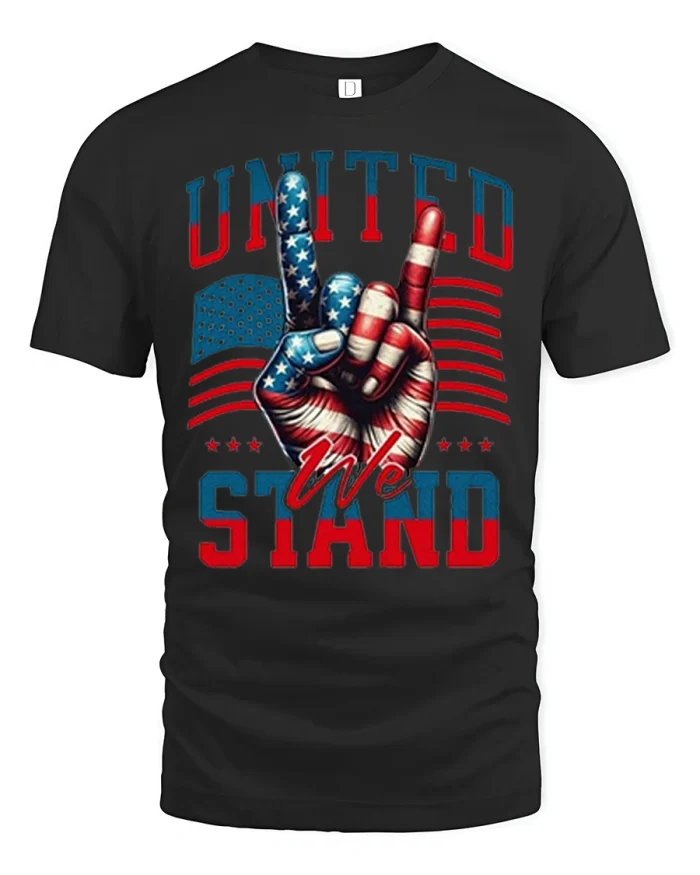 United We Stand Patriotic Hand Graphic T Shirt American Pride - black t-shirt on white background