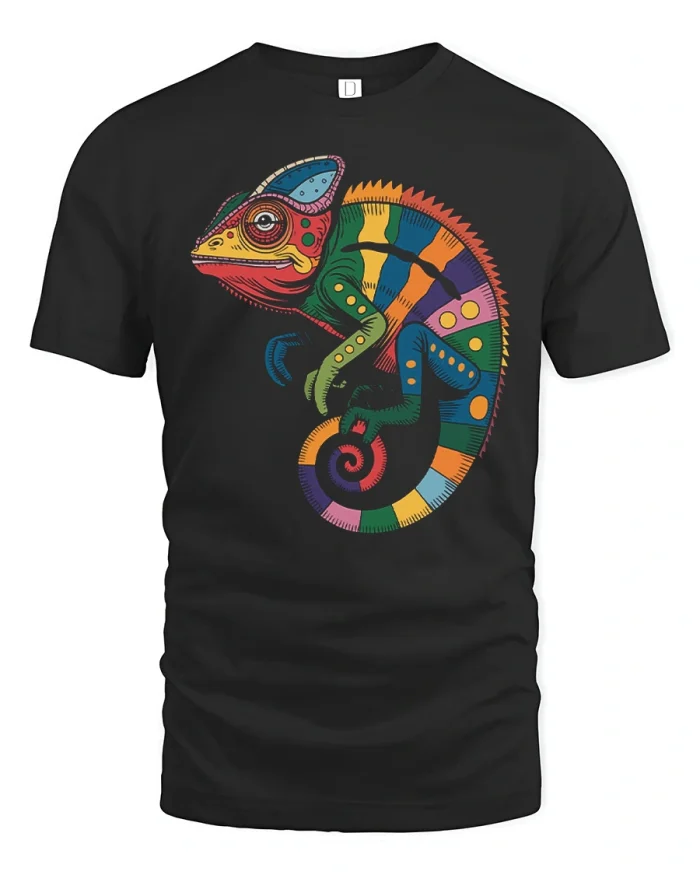 Colorful Chameleon Graphic T Shirt Exotic Animal Lover Tee - black t-shirt on white background