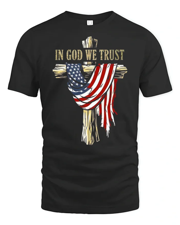 In God We Trust Cross Flag Graphic T Shirt Patriotic Faith Tee - black t-shirt on white background