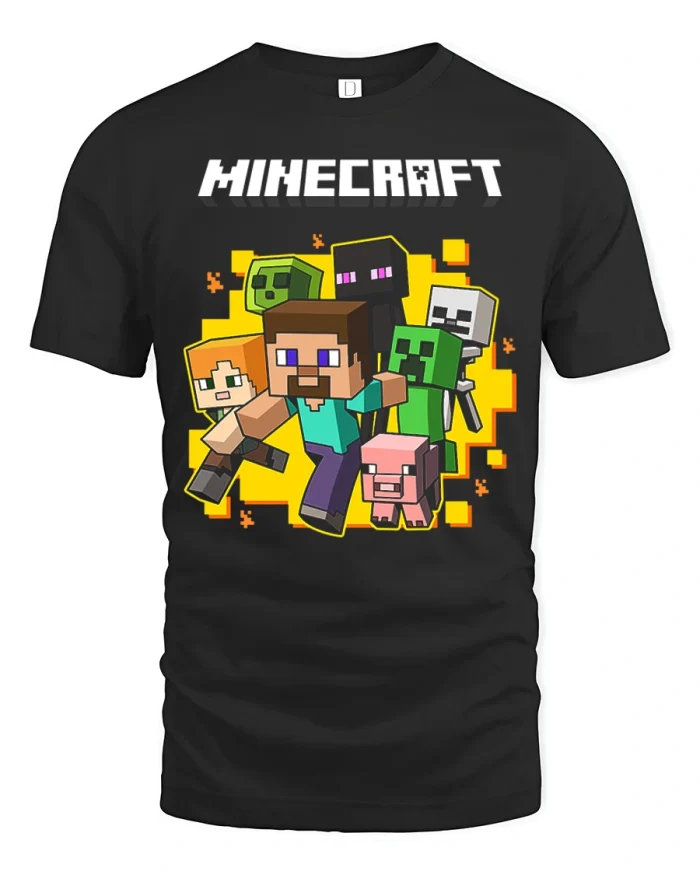 Minecraft Characters Graphic T Shirt Gamer Adventure Tee - black t-shirt on white background