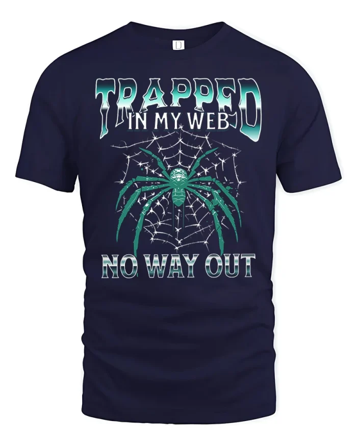 Trapped In My Web Spider Graphic T Shirt Creepy Gothic Tee - navy t-shirt on white background