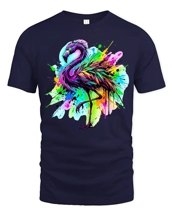 Colorful Flamingo Graphic T Shirt Neon Tropical Bird Art Tee - navy t-shirt on white background
