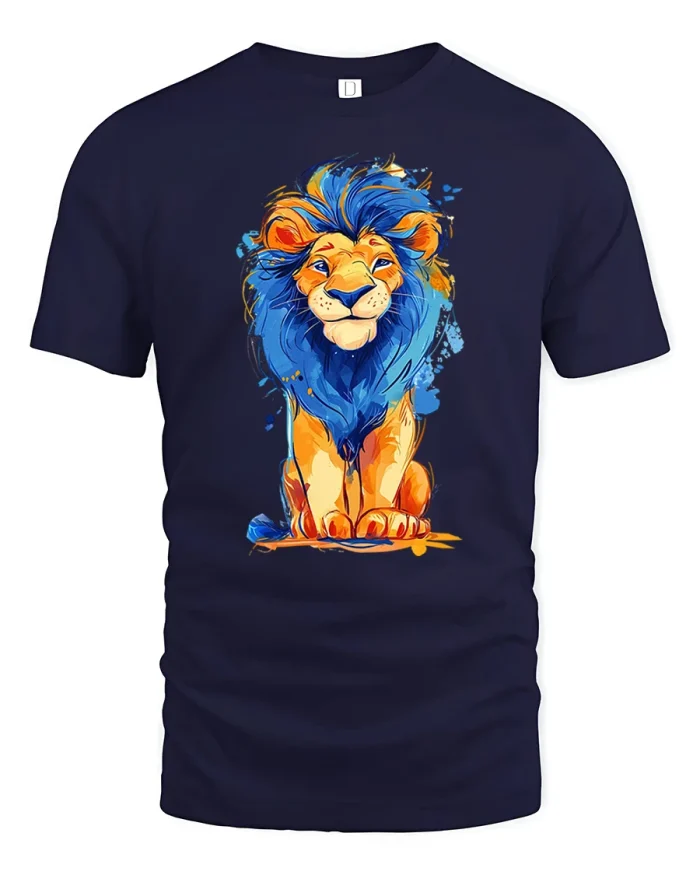 Colorful Lion Graphic T Shirt Royal Animal Art Printed Tee - navy t-shirt on white background