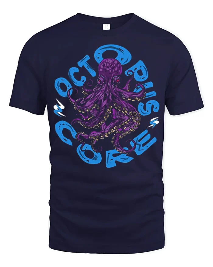 Purple Octopus Graphic T Shirt Ocean Creature Art Tee - navy t-shirt on white background
