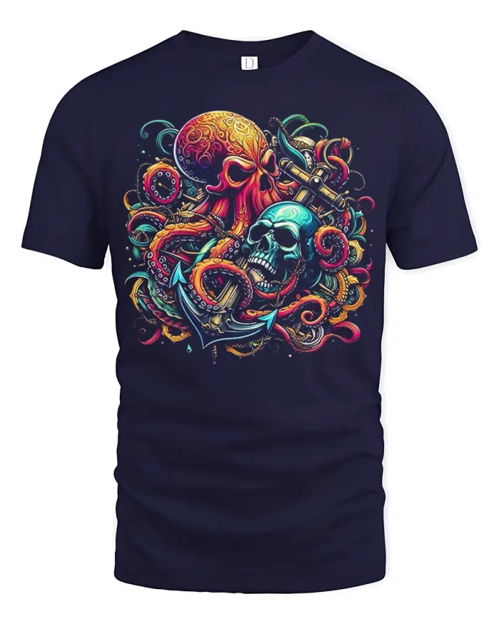 Colorful Octopus Skull Anchor Graphic T Shirt Ocean Art Style - navy t-shirt on white background