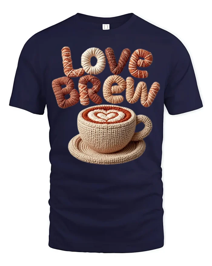 Love Brew Coffee Graphic T Shirt Cozy Crochet Cup Design Style - navy t-shirt on white background