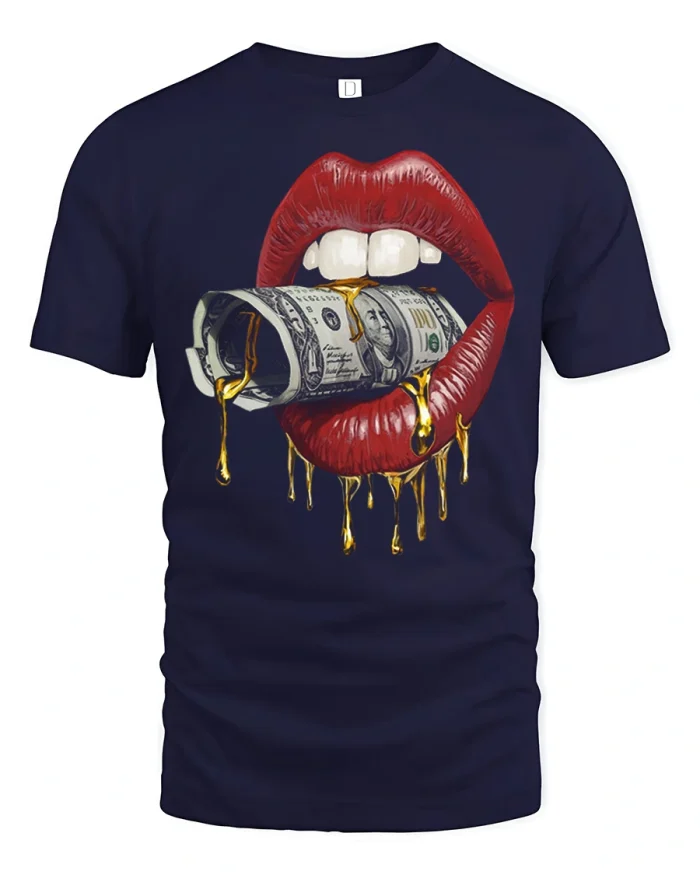 Money Roll Red Lips Graphic T Shirt Luxury Streetwear Statement - navy t-shirt on white background