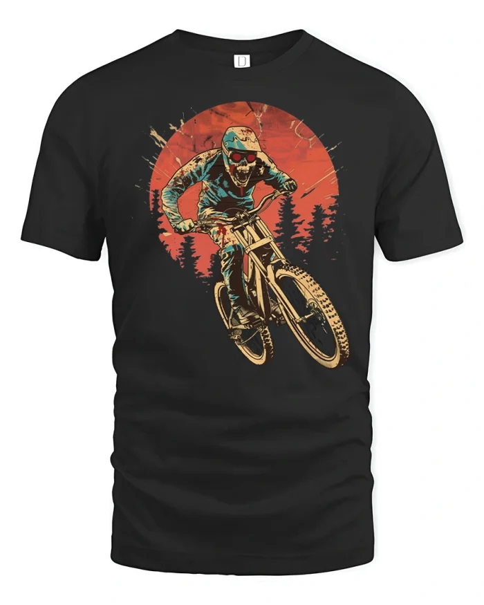 Vintage Skeleton Mountain Bike Graphic T Shirt Extreme Trail Rider Tee - black t-shirt on white background