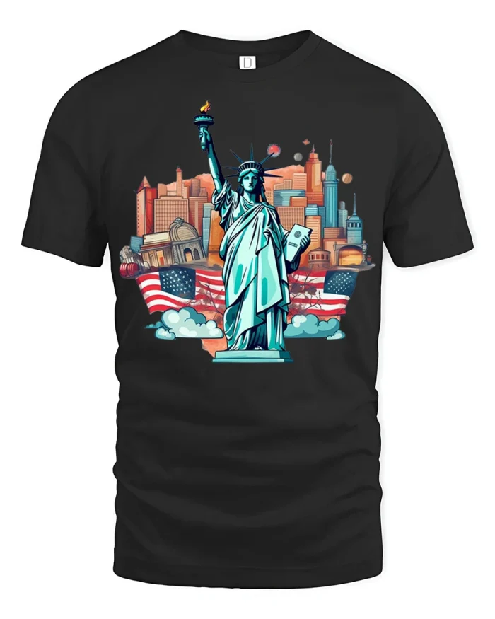 Statue of Liberty American Skyline Graphic T Shirt Patriotic Style - black t-shirt on white background