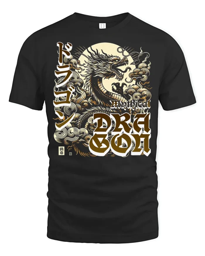 Mythical Dragon Japanese Kanji Vintage Art Graphic Tee Shirt - black t-shirt on white background