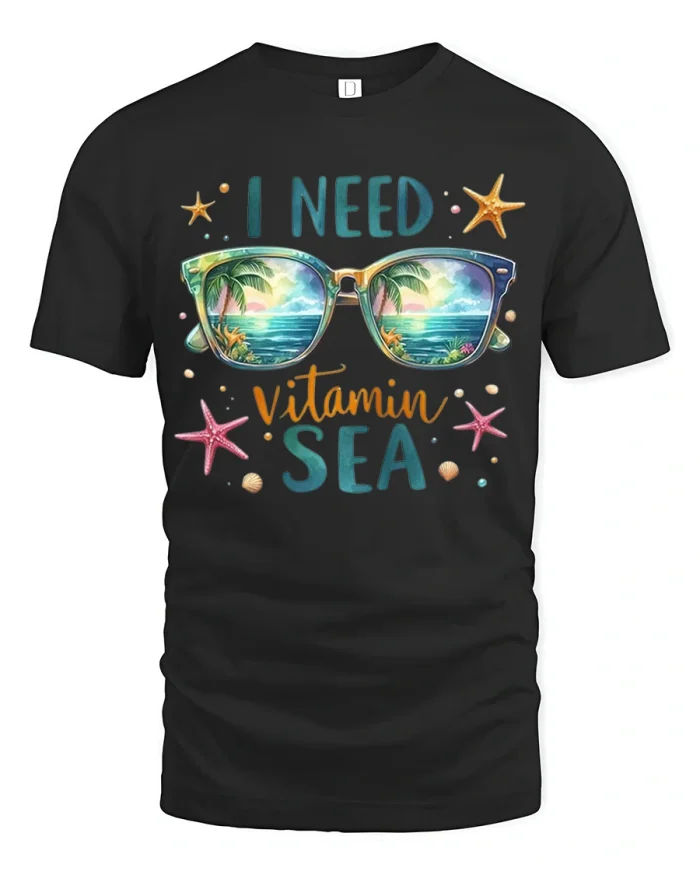 I Need Vitamin Sea Funny Beach Vacation Graphic Tee Shirt - black t-shirt on white background