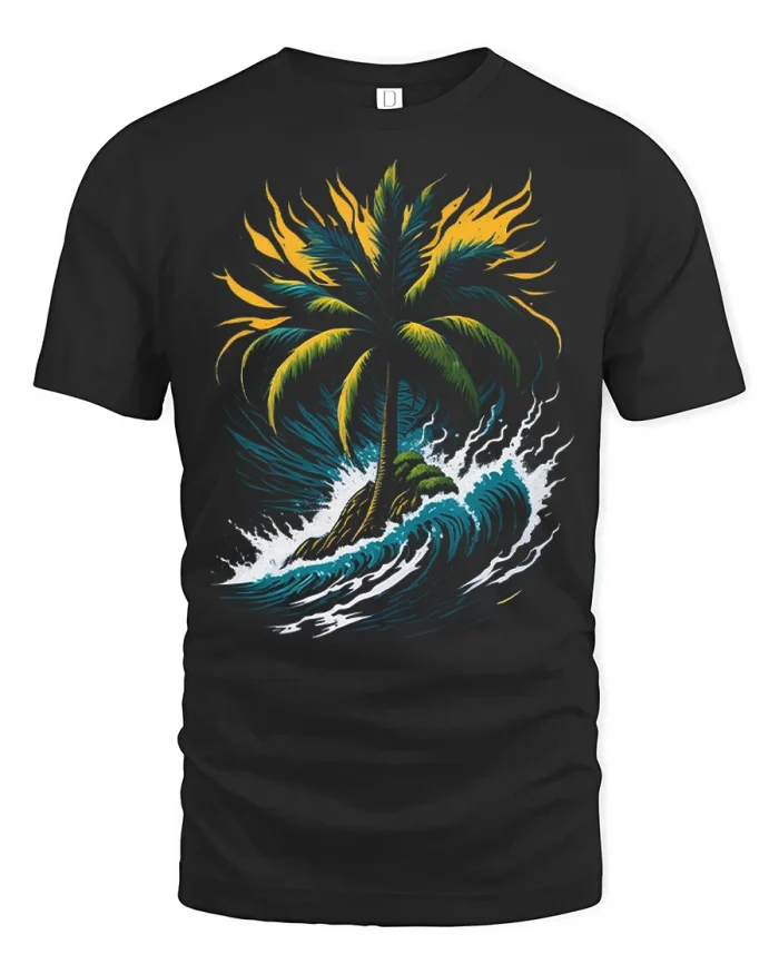 Tropical Wave Paradise Palm Tree Graphic T Shirt Coastal Escape - black t-shirt on white background