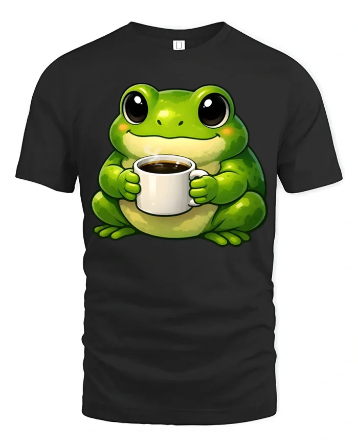 Cute Coffee Loving Frog Graphic T Shirt Happy Morning Vibes - black t-shirt on white background