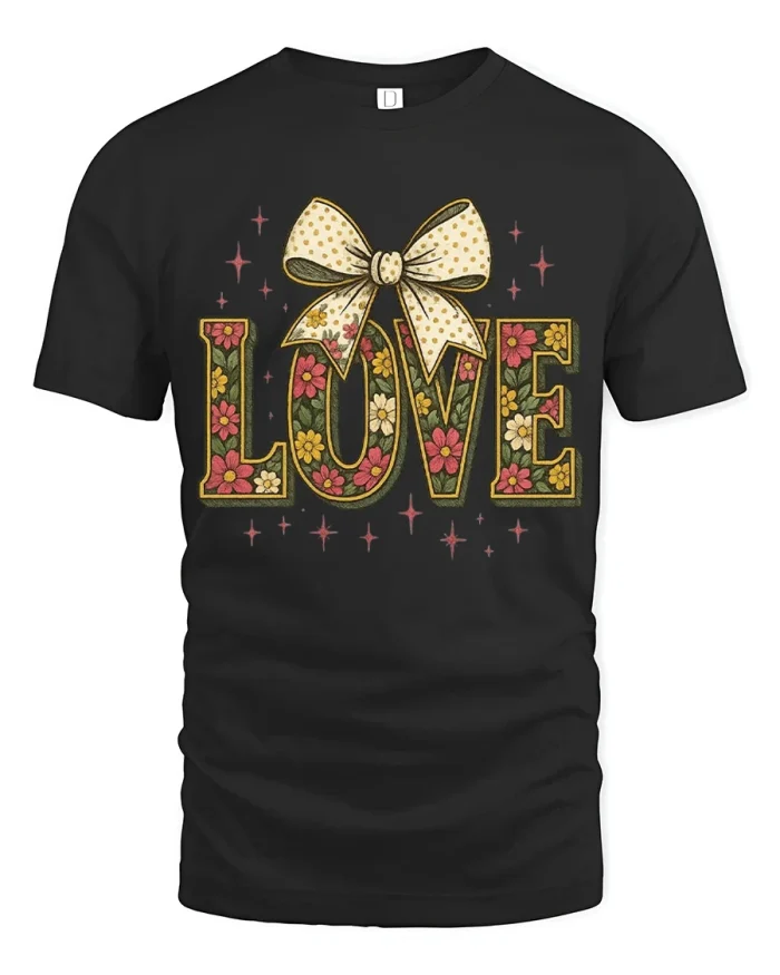 Floral Love Bow Graphic Tee Vintage Romantic Flower Tshirt Gift - black t-shirt on white background