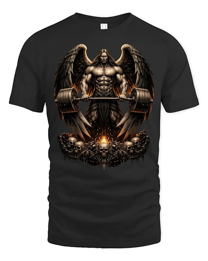 Dark Angel Powerlifting Graphic Tee Gothic Skull Gym Tshirt - black t-shirt on white background