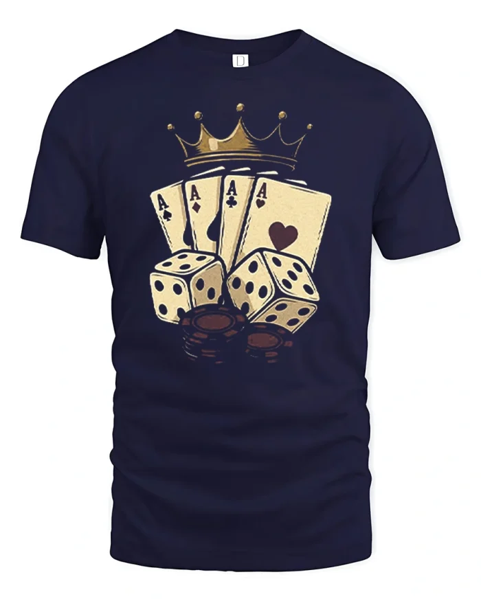 Royal Poker Cards Dice Casino Graphic T Shirt Lucky Gambler Tee - navy t-shirt on white background