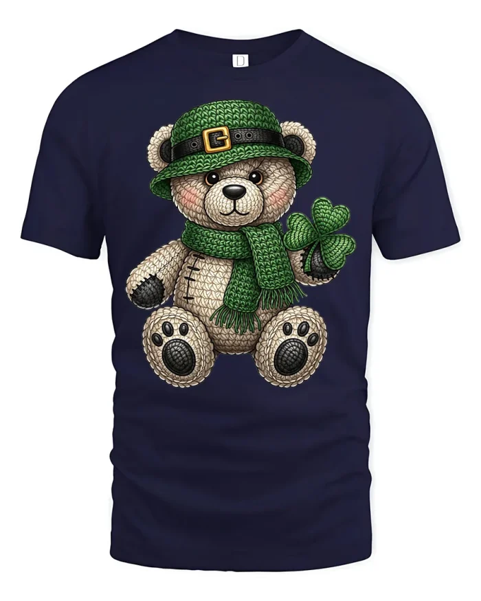 Lucky Shamrock Teddy Bear Graphic T Shirt Cute Saint Patrick Tee - navy t-shirt on white background