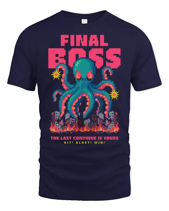 Final Boss Pixel Monster Retro Arcade Gaming T Shirt Epic Gamer Tee - navy t-shirt on white background