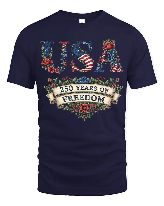 USA 250 Years of Freedom Patriotic Floral American Flag T Shirt - navy t-shirt on white background