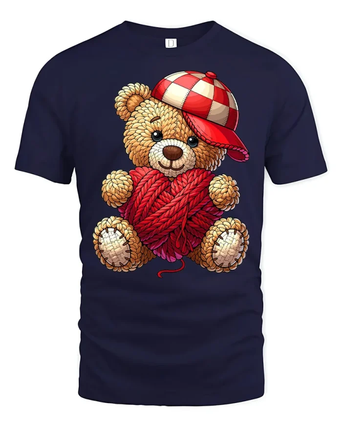 Cute Teddy Bear With Red Yarn Ball Graphic T Shirt Cozy Style - navy t-shirt on white background