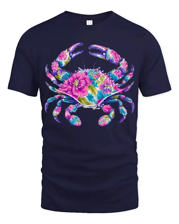Floral Blue Crab Graphic T Shirt Coastal Ocean Bloom Art Style - navy t-shirt on white background